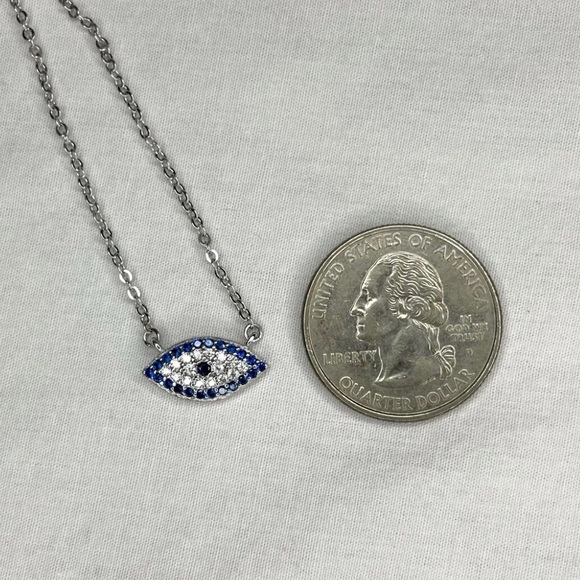 Sterling Silver Evil Eye Pendant Necklace White and Blue Zircon New in box - Picture 5 of 5